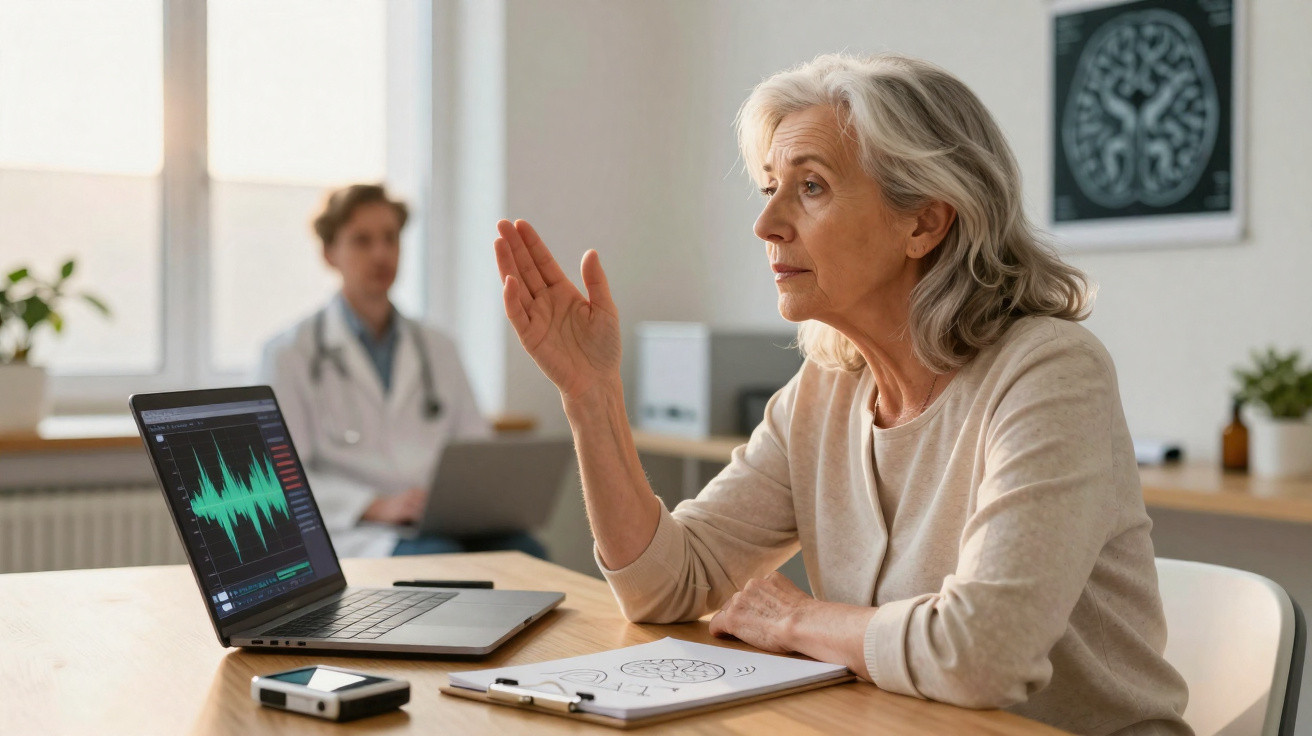 Mulher sénior numa consulta médica, gesticulando enquanto discute exames com o médico ao fundo.