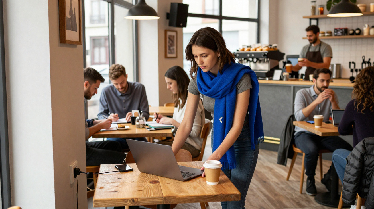 Jovem mulher a trabalhar num computador portátil numa cafetaria moderna com pessoas a socializar ao fundo.