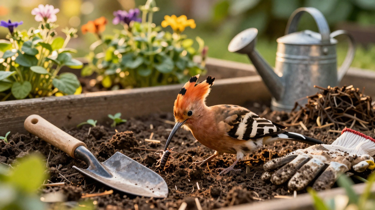 Pássaro com crista laranja no solo de uma horta rodeado de flores, pá e luvas de jardinagem.