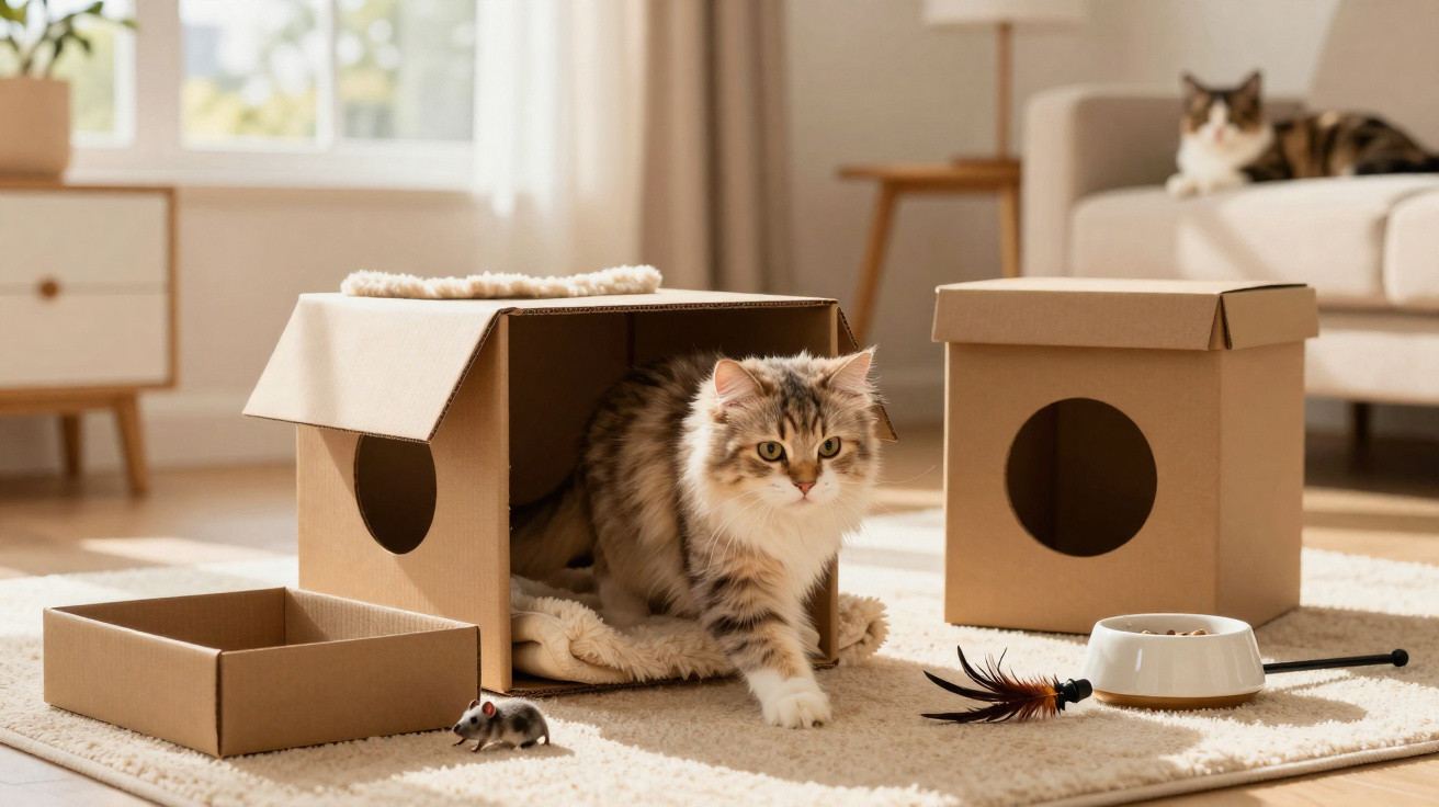 Gato cinzento e branco a sair de caixa de cartão numa sala com brinquedos e outro gato no sofá.