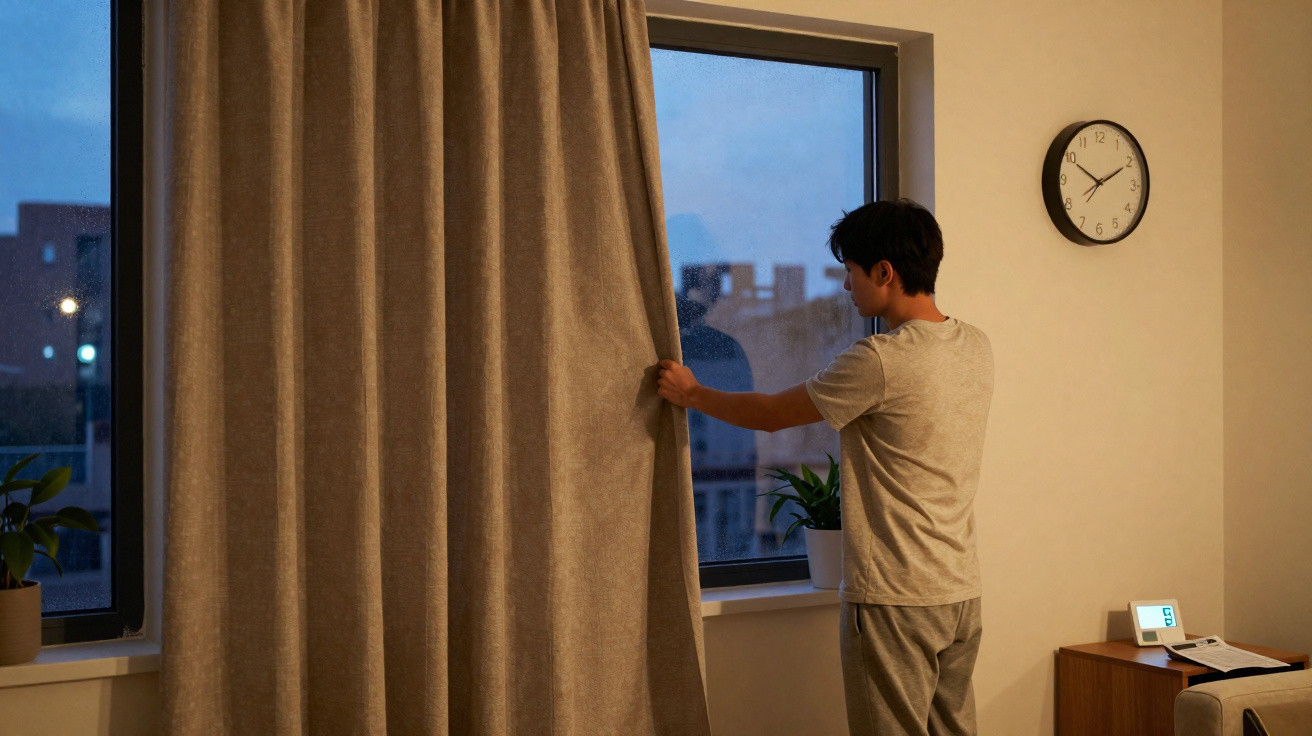 Homem a fechar a cortina num quarto ao anoitecer com relógio na parede a indicar 19:50.