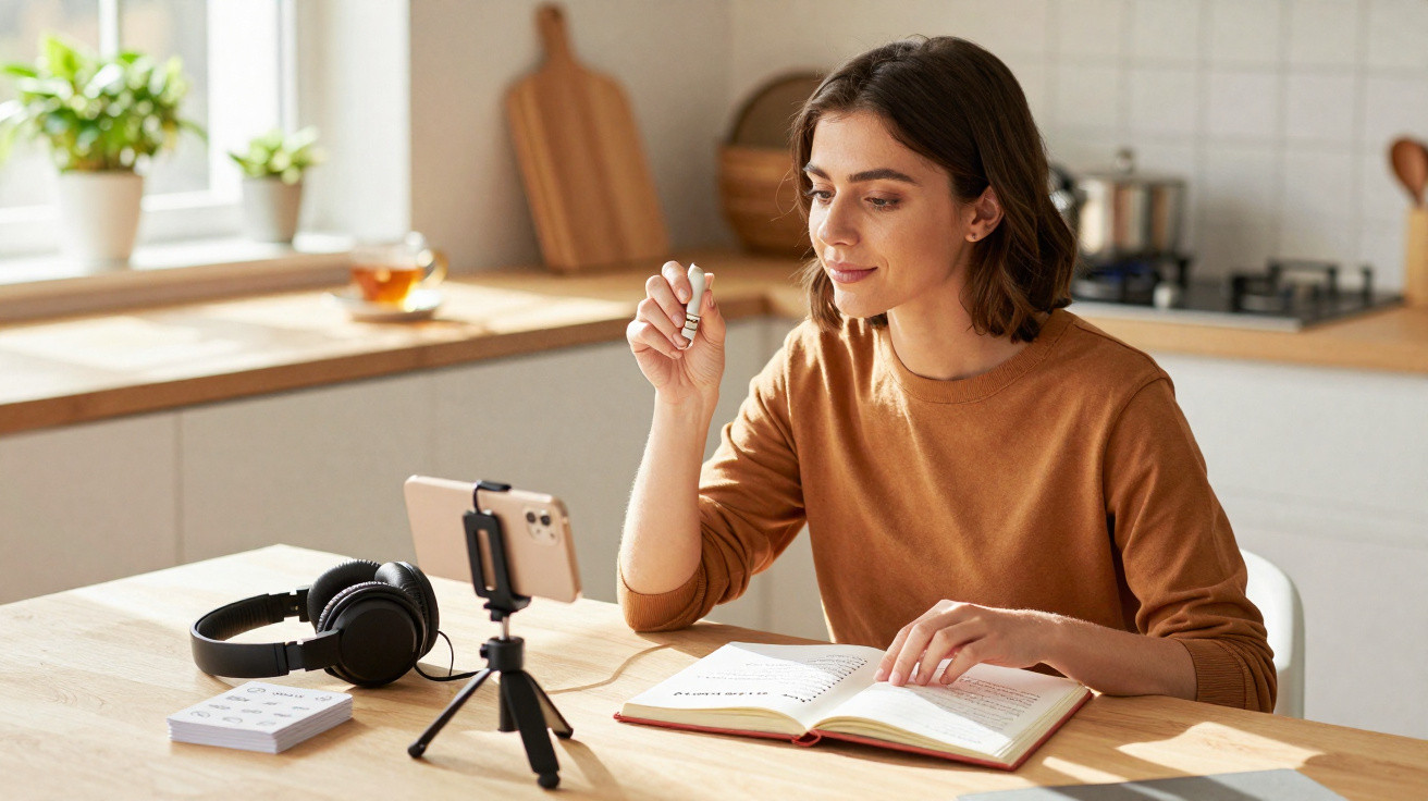 Mulher sentada à mesa com livro aberto, a falar para telemóvel em tripé e auscultadores ao lado.
