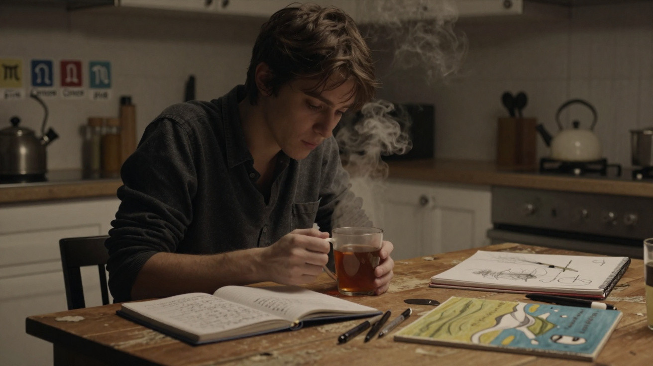 Jovem sentado numa cozinha, a beber chá e a ler um livro com apontamentos e desenhos à sua frente.