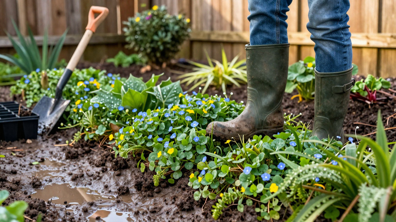 Pessoa com botas de borracha a cuidar de um jardim com flores e terra molhada junto a uma pá.