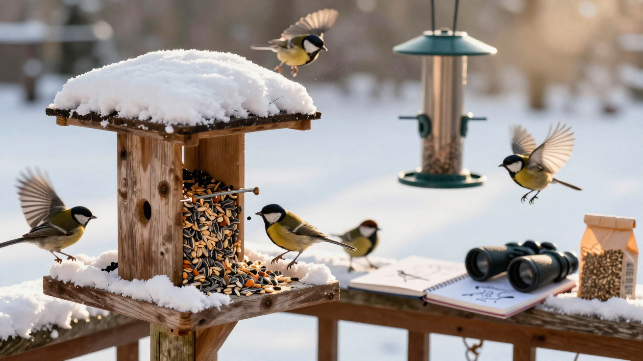 Pássaros alimentam-se em comedouro de madeira coberto de neve num jardim de inverno com binóculos e caderno.