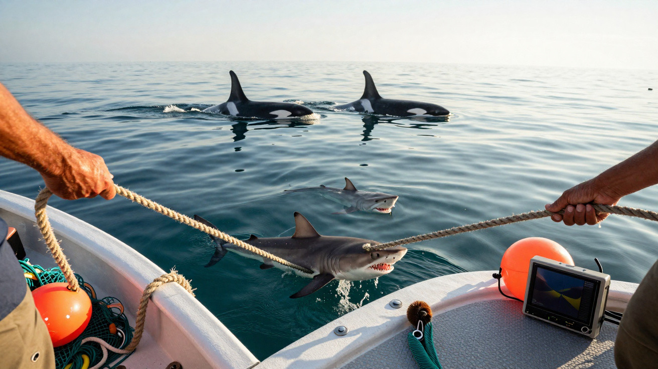 Dois tubarões presos em cordas próximos a duas orcas na água, vistos de um barco.