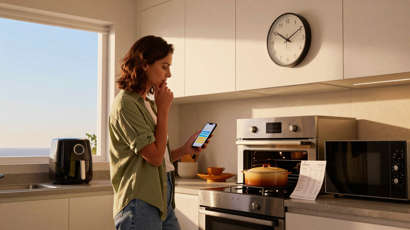 Mulher na cozinha a consultar receitas no telemóvel enquanto cozinha com forno aberto e panela dentro.