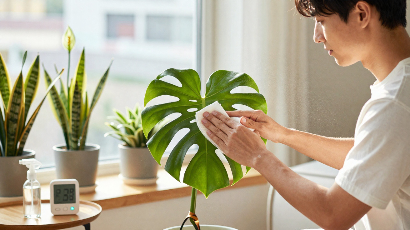 Homem limpa folha grande de planta monstera junto a janela com várias plantas em vasos.