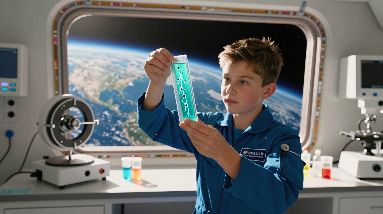 Criança com fato azul a examinar placa de laboratório numa estação espacial com vista para a Terra.