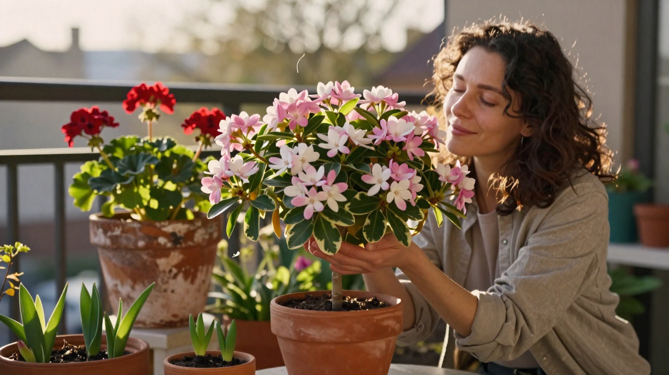 Mulher com olhos fechados a apreciar uma planta florida rosa num vaso de barro num terraço ensolarado.