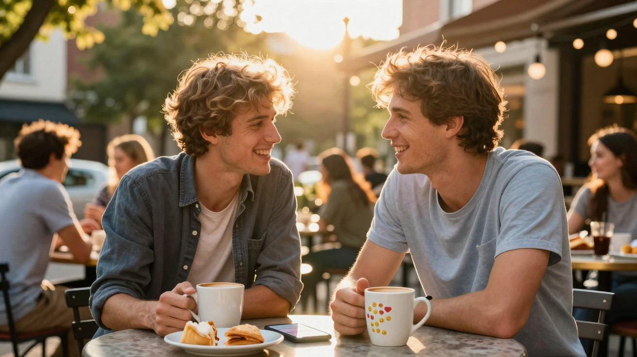 Dois jovens sorridentes conversam sentados à mesa de um café ao ar livre ao fim da tarde.