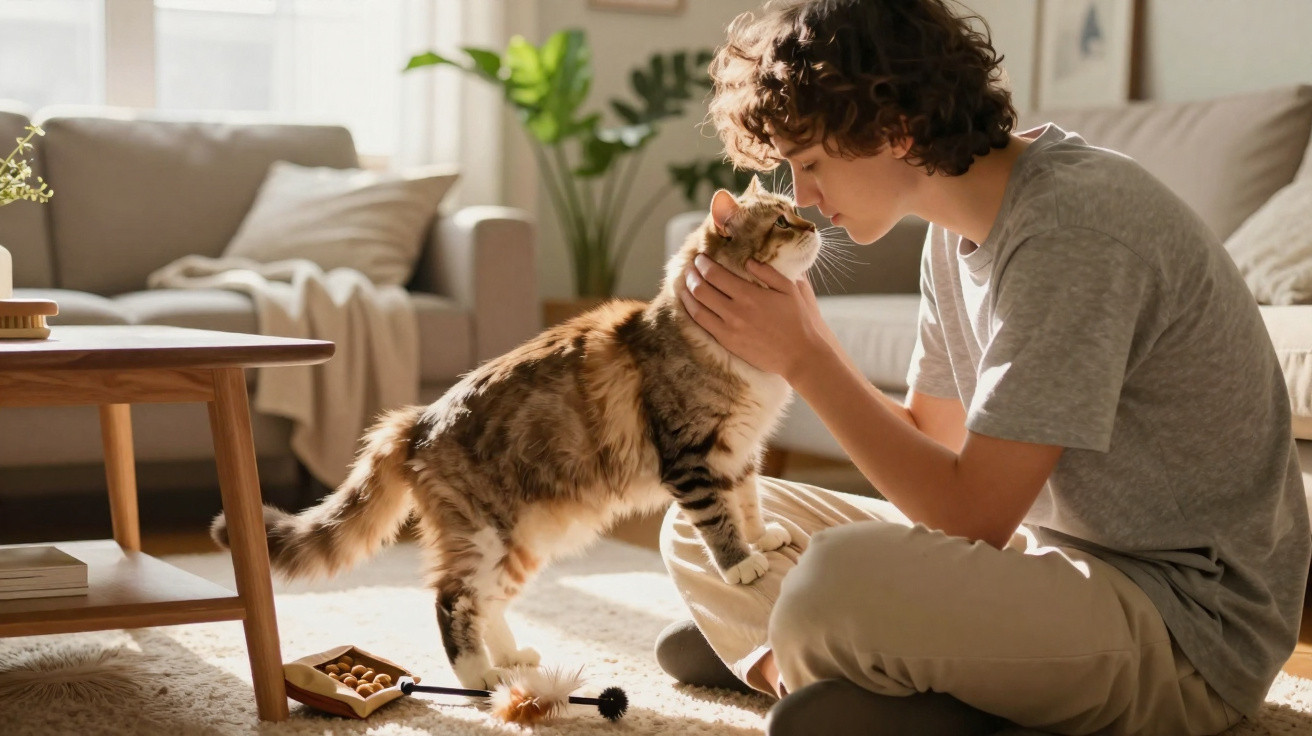Jovem abraça e faz carinho num gato castanho num ambiente acolhedor e iluminado por luz natural.