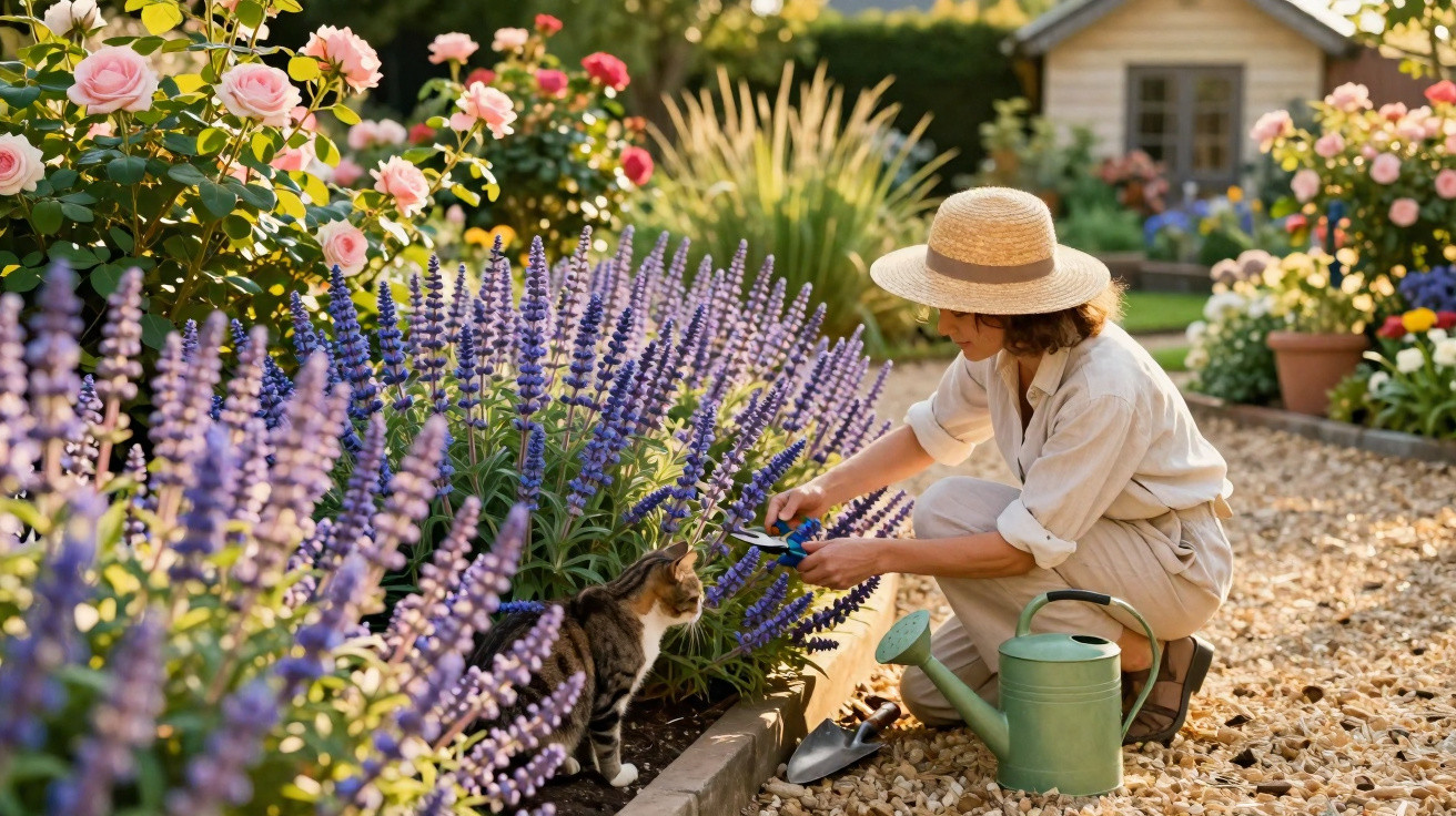 Mulher de chapéu cuida do jardim com regador e gato entre flores lilases e rosas num caminho de cascalho.