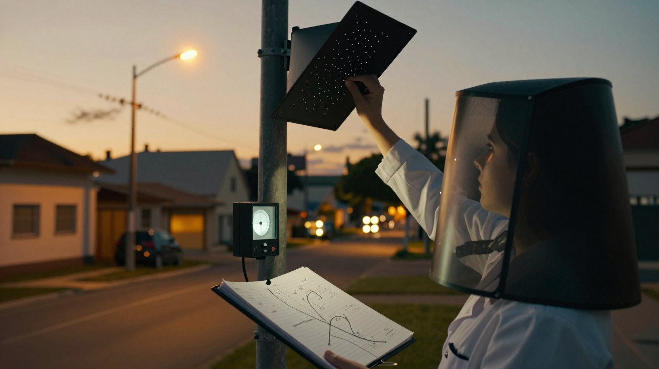Pessoa com viseira protetora analisa equipamento e gráficos numa rua ao entardecer.
