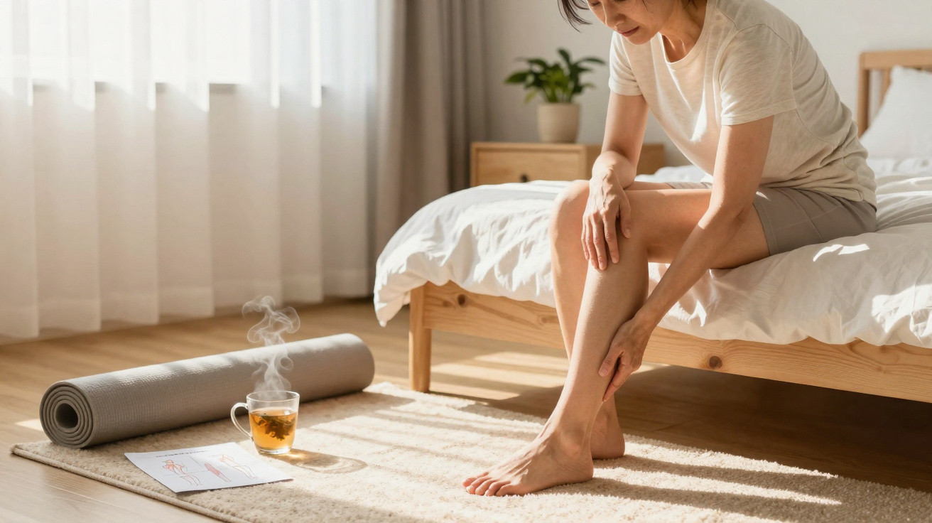 Mulher sentada na cama a massajar a perna num quarto iluminado e acolhedor com tapete, chá e tapete de ioga.