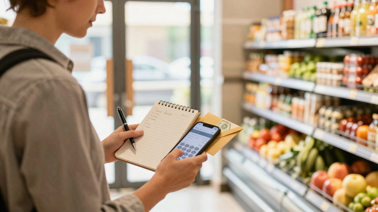 Pessoa numa mercearia a fazer uma lista de compras, segurando telemóvel e bloco de notas.