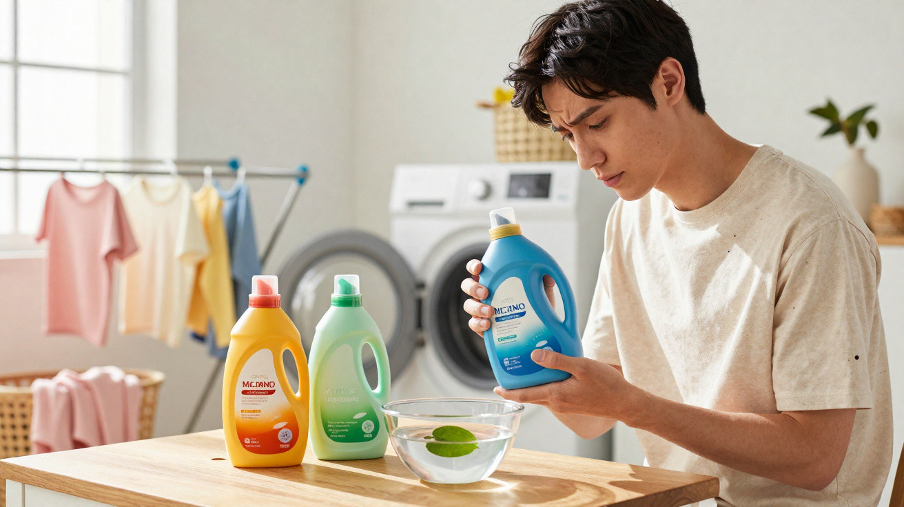 Homem a ler rótulo de detergente azul com outros detergentes e tigela na mesa, lavandaria ao fundo.