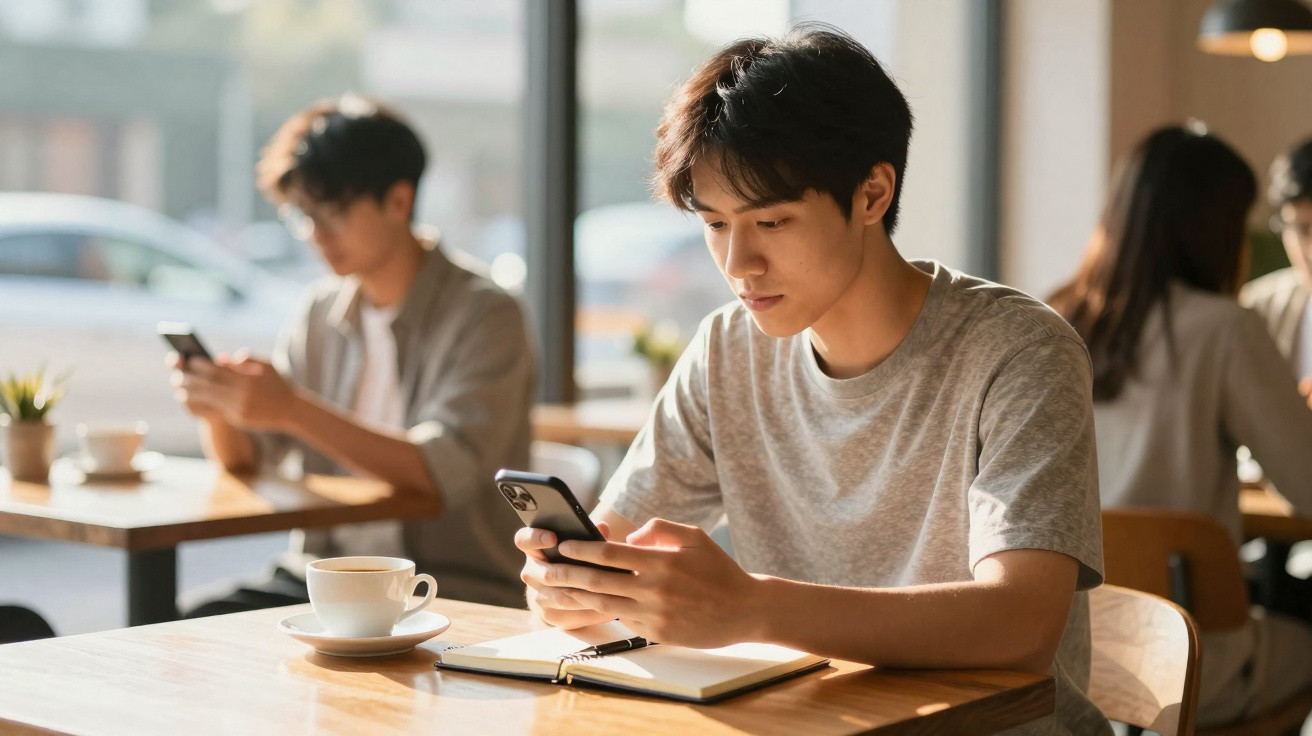 Jovem sentado numa cafetaria a usar o telemóvel com um caderno aberto à sua frente.