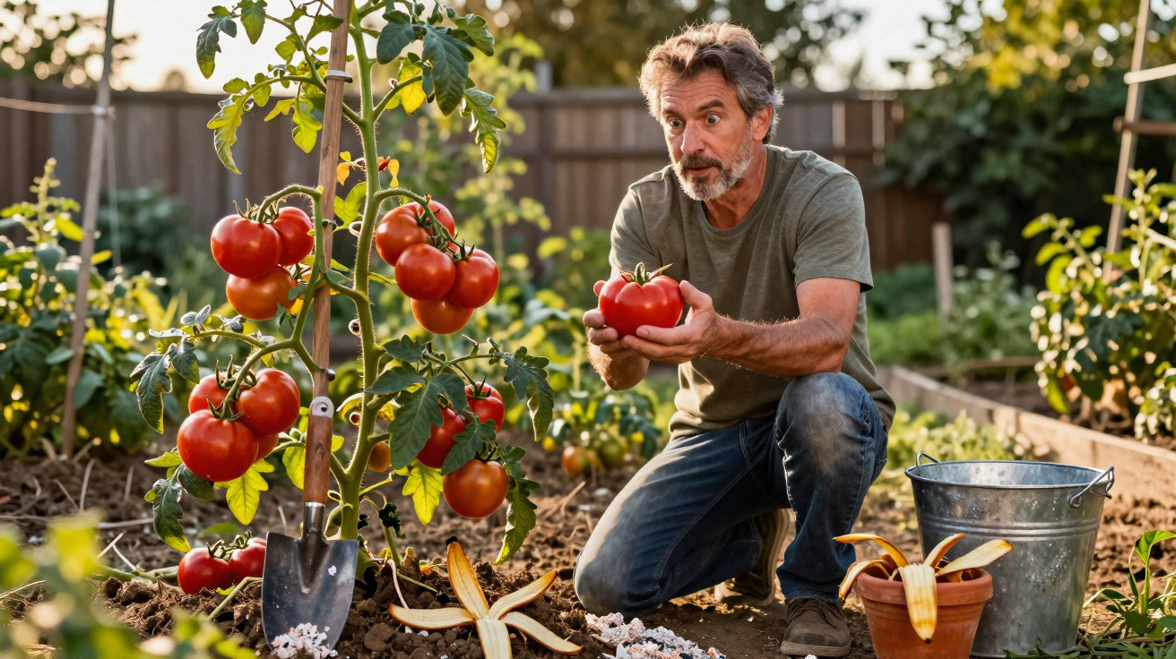 Homem com expressão surpreendida colhe tomate grande numa horta com plantas e ferramentas ao redor.
