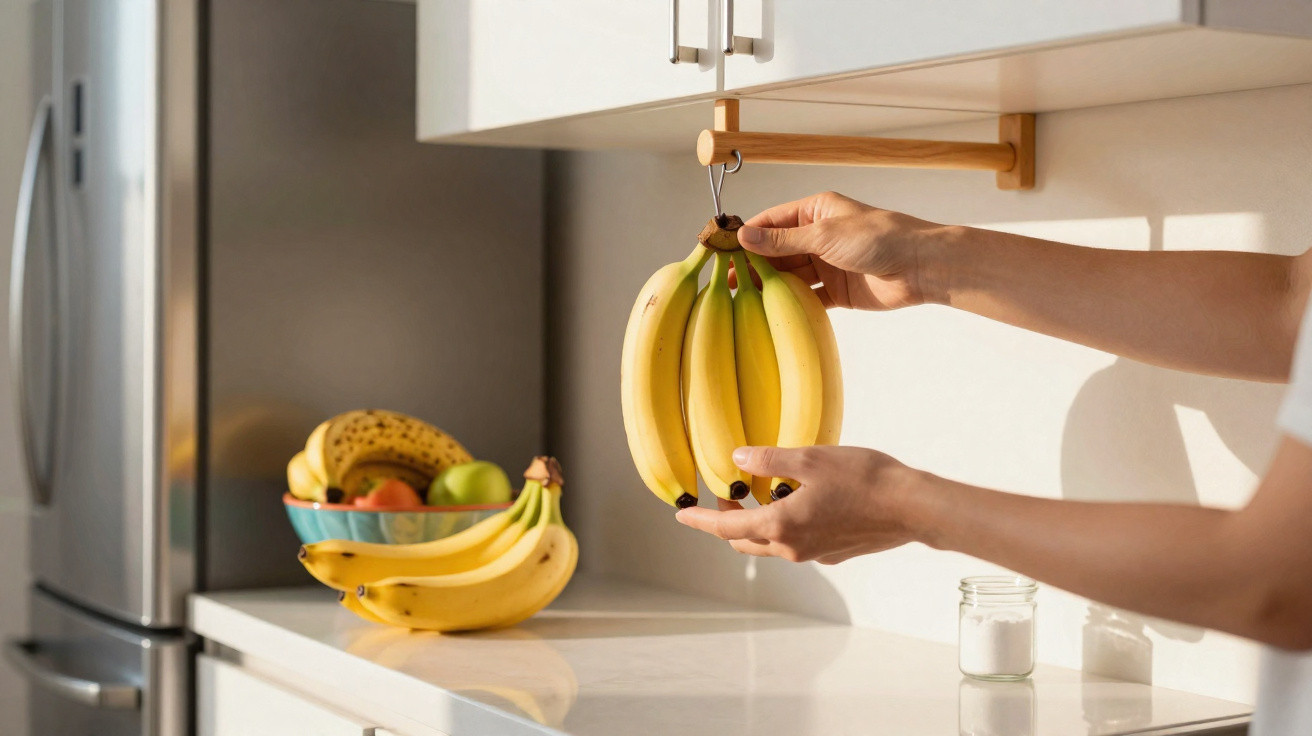 Mãos a prender um cacho de bananas amarelas num suporte de madeira na cozinha.