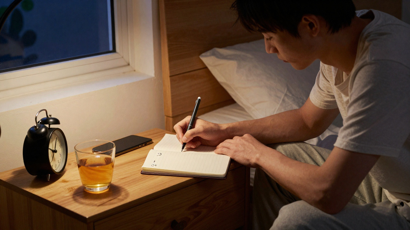 Homem sentado na cama a escrever num caderno ao lado de um telemóvel, um copo e um despertador.