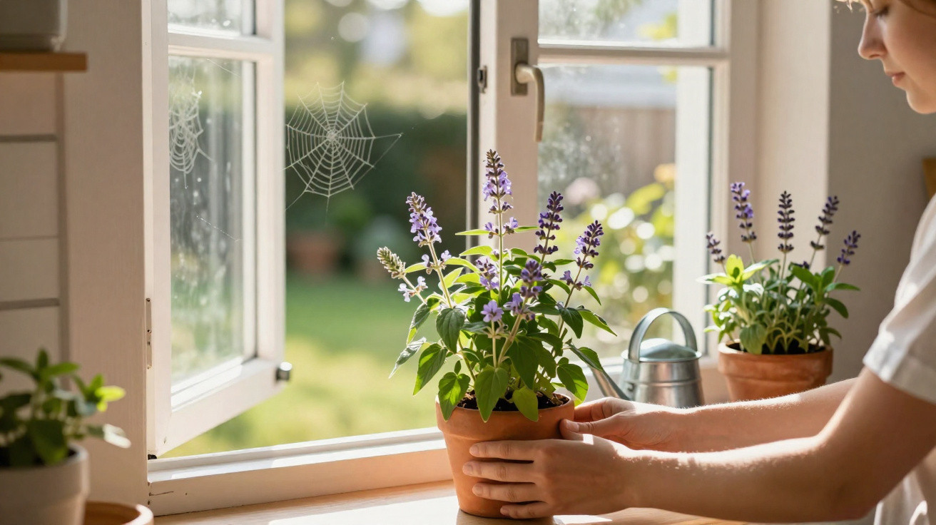 Pessoa a cuidar de plantas com flores roxas junto a uma janela aberta com teia de aranha visível.
