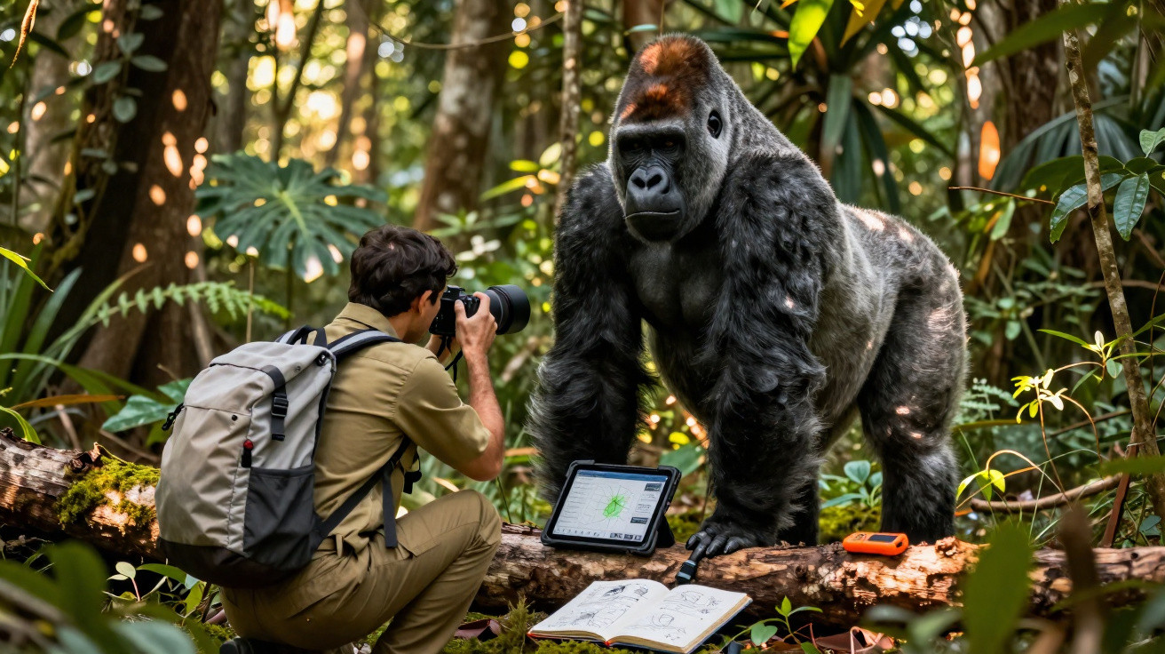 Fotógrafo com mochila tira foto a gorila numa floresta densa com livros e tablet sobre tronco.