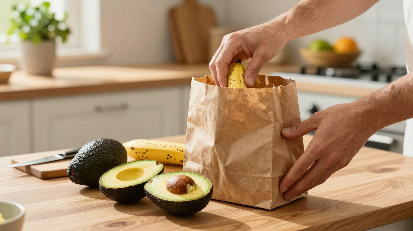 Mãos a colocar bananas numa embalagem de papel na cozinha com abacates cortados ao lado.
