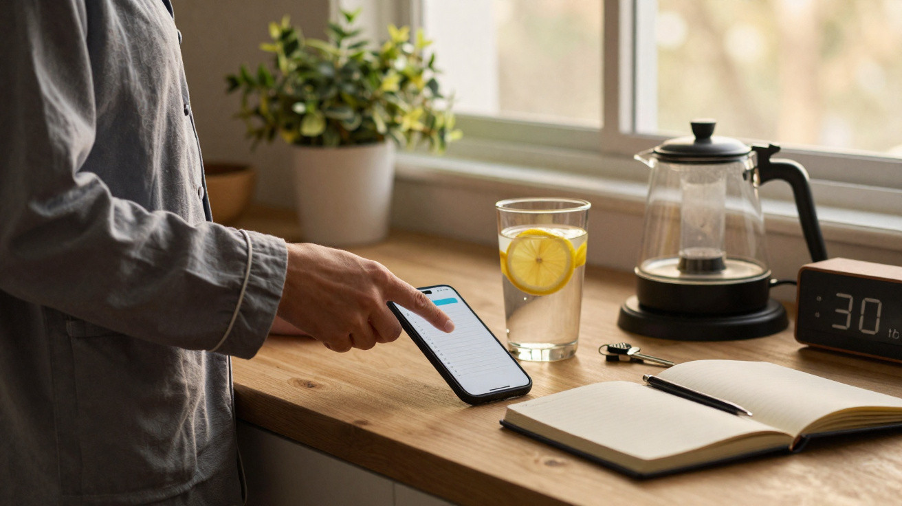 Pessoa em pijama interage com telemóvel sobre mesa com copo de água, caderno aberto e relógio digital.