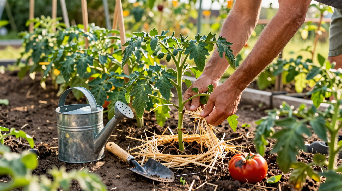 Pessoa a cuidar de planta de tomate, com regador, enxada e tomate maduro no solo num jardim.