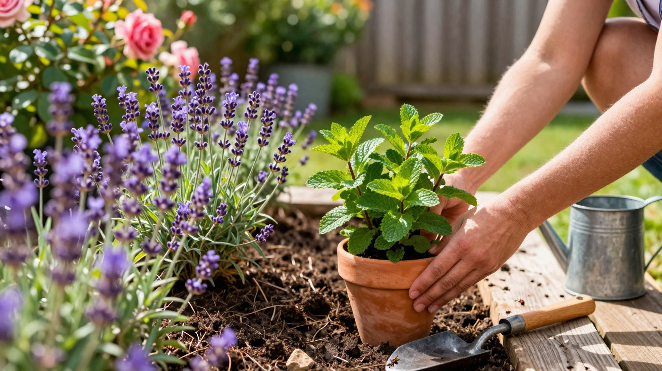 Pessoa a plantar uma erva aromática num vaso de barro num canteiro com flores ao redor.