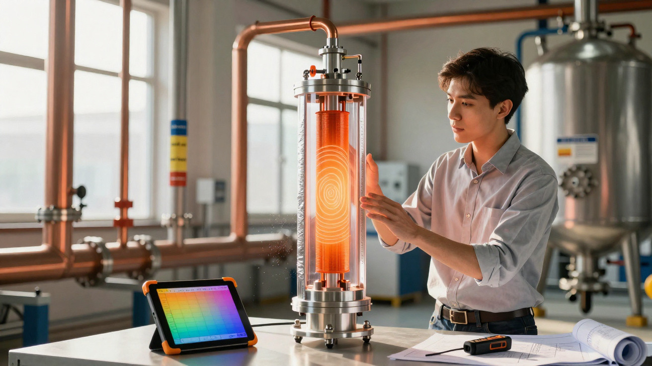 Homem jovem a inspecionar equipamento científico luminoso num laboratório industrial moderno.