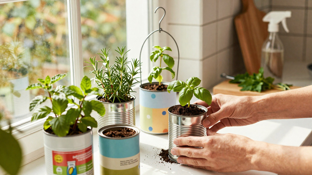 Mãos a plantar ervas aromáticas em latas reutilizadas numa cozinha com luz natural junto à janela.