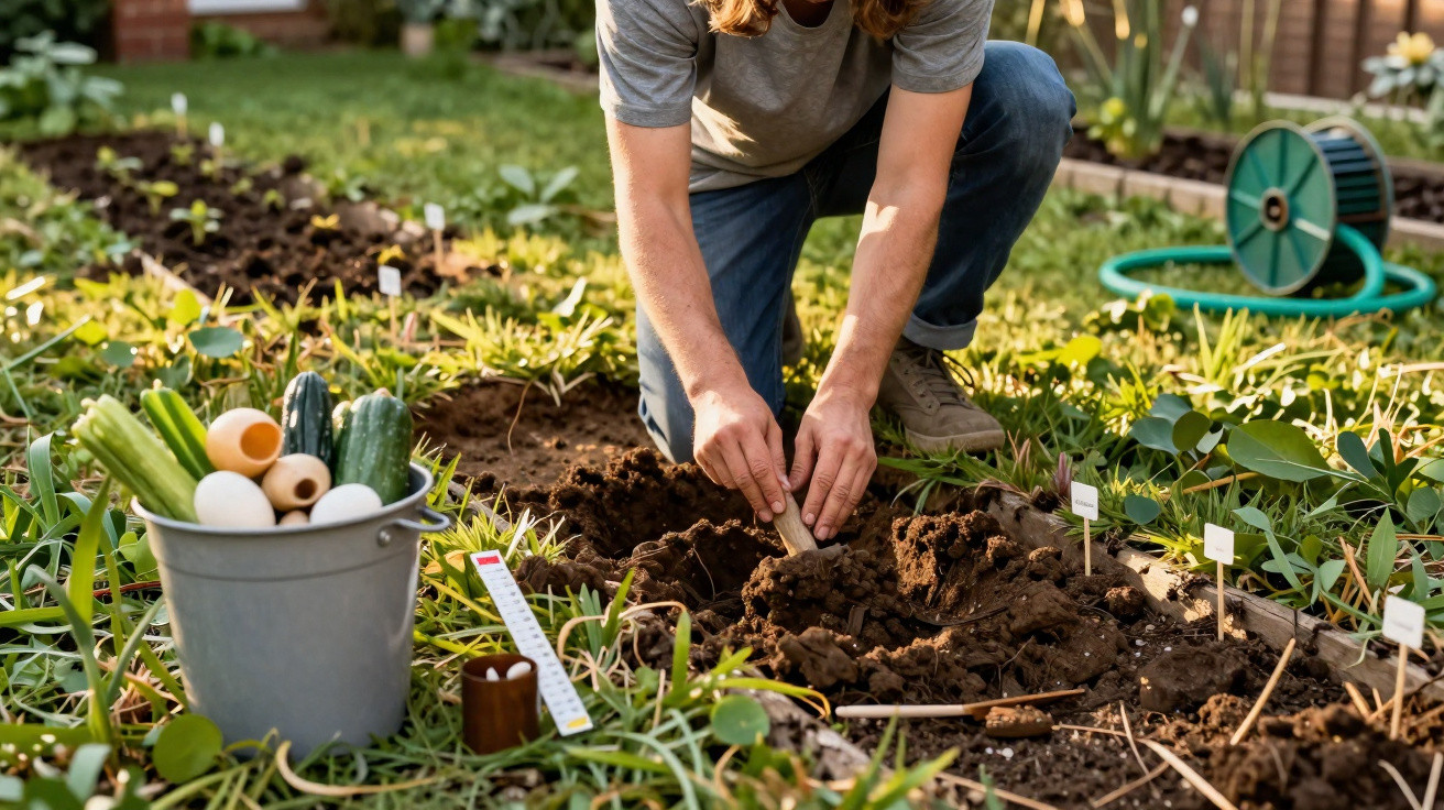 Pessoa a plantar sementes numa horta caseira com legumes frescos e utensílios de jardinagem.