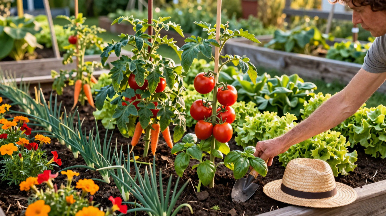 Pessoa a cultivar um jardim com tomates, alface, cenouras e flores coloridas em canteiros elevados.