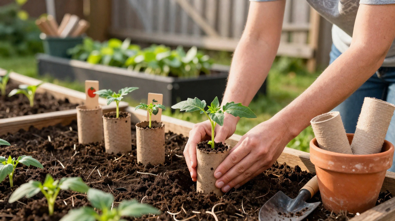 Mãos a plantar pequenas plantas em vasos biodegradáveis numa horta com terra escura e saudável.
