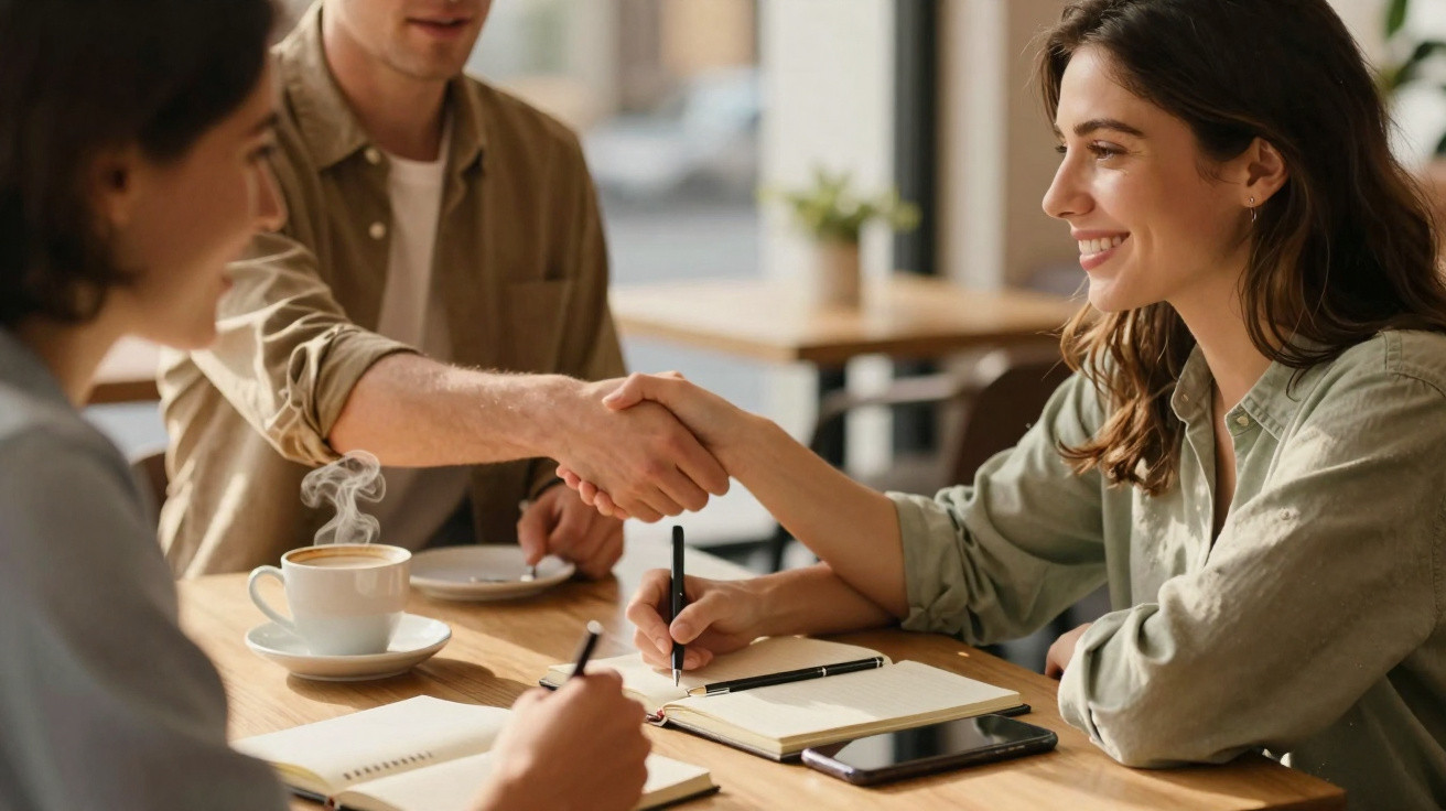 Duas pessoas a cumprimentar-se com um aperto de mão numa reunião, com cadernos, telemóvel e café em cima da mesa.