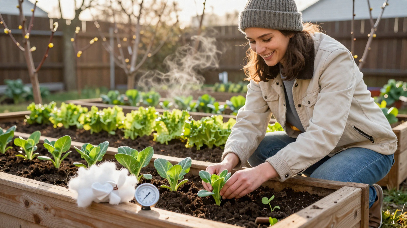 Mulher sorridente a cuidar de plantas numa horta elevada ao ar livre num dia de sol.