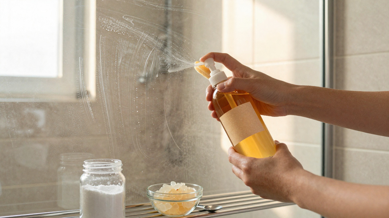 Mãos a borrifar produto de limpeza amarelo num espelho de casa de banho com frascos ao lado.