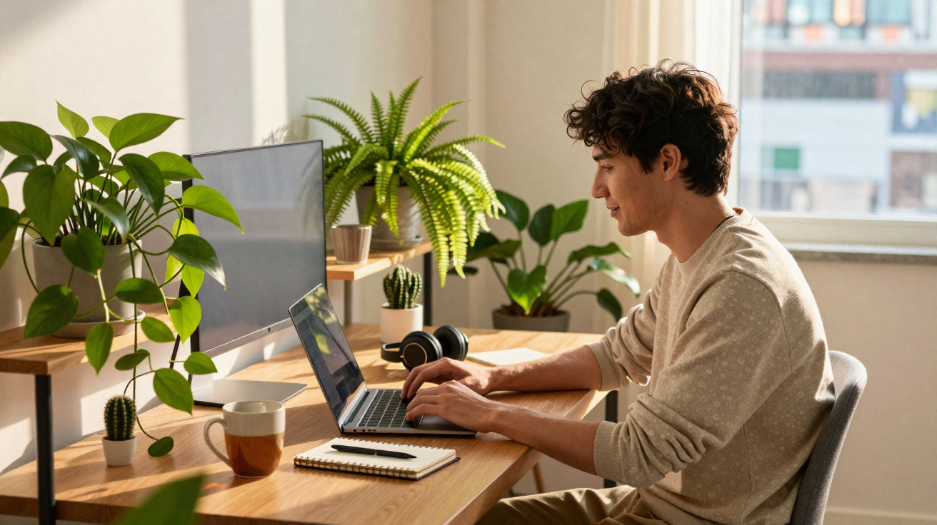 Jovem a trabalhar num computador portátil numa secretária com plantas e luz natural numa sala iluminada.
