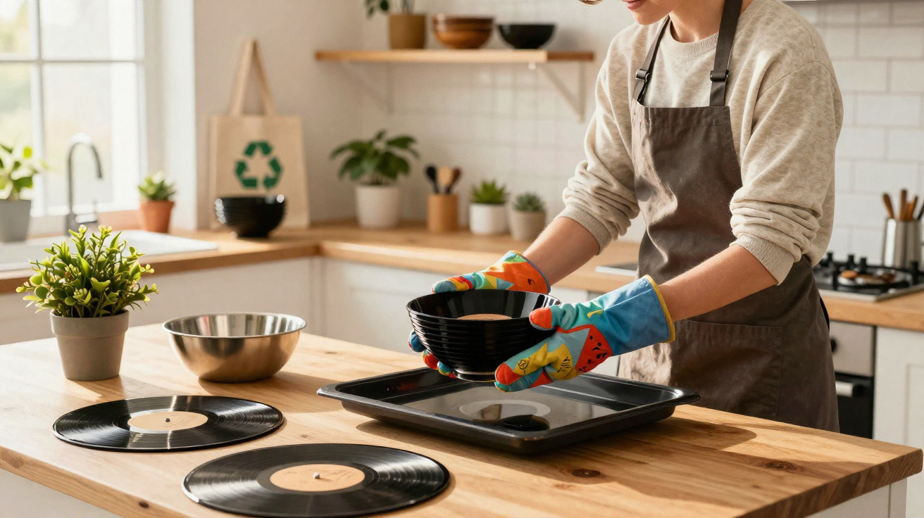 Pessoa com luvas coloridas a colocar um recipiente preto numa forma de forno numa cozinha moderna.