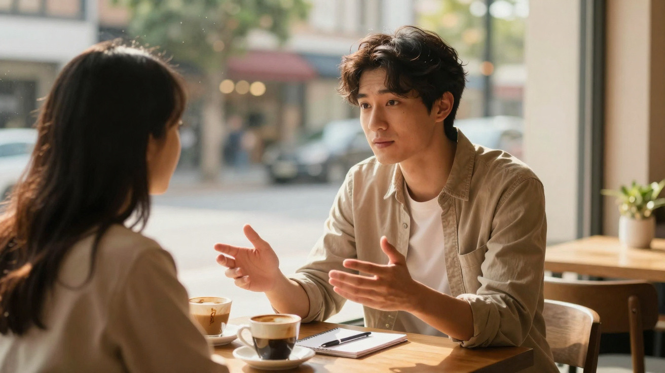 Dois jovens conversam num café, com duas chávenas de café e um caderno na mesa.