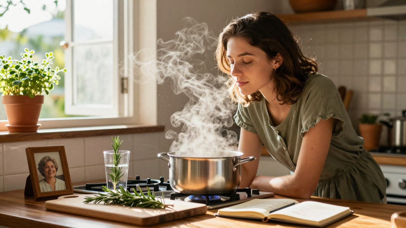 Mulher a cheirar o vapor de uma panela numa cozinha com janela aberta e livro de receitas na bancada.