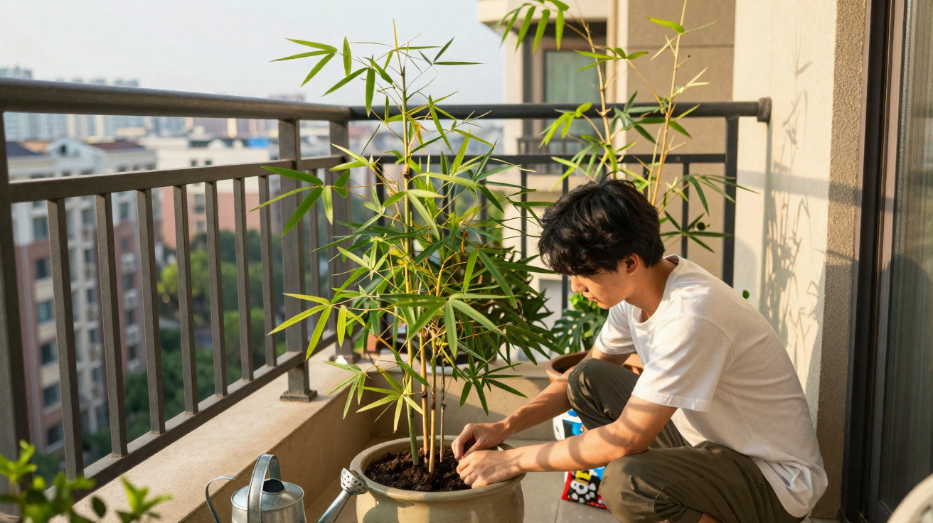 Pessoa cuida de planta de bambu num vaso grande numa varanda ensolarada com vista para edifícios.