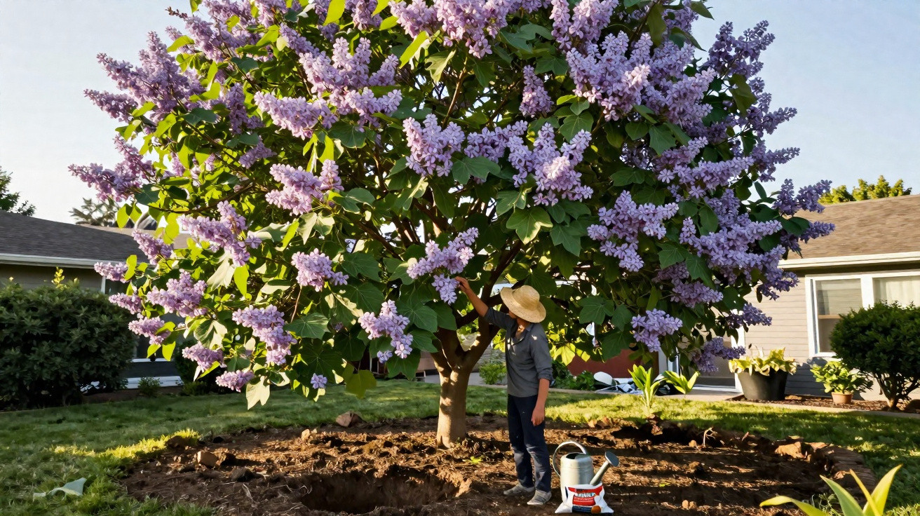 Pessoa com chapéu a cuidar de uma árvore florida com flores lilases num jardim residencial ao entardecer.