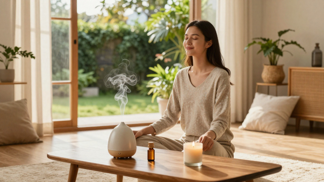Mulher sentada a meditar perto de difusor de aromas e vela acesa numa sala luminosa e acolhedora.