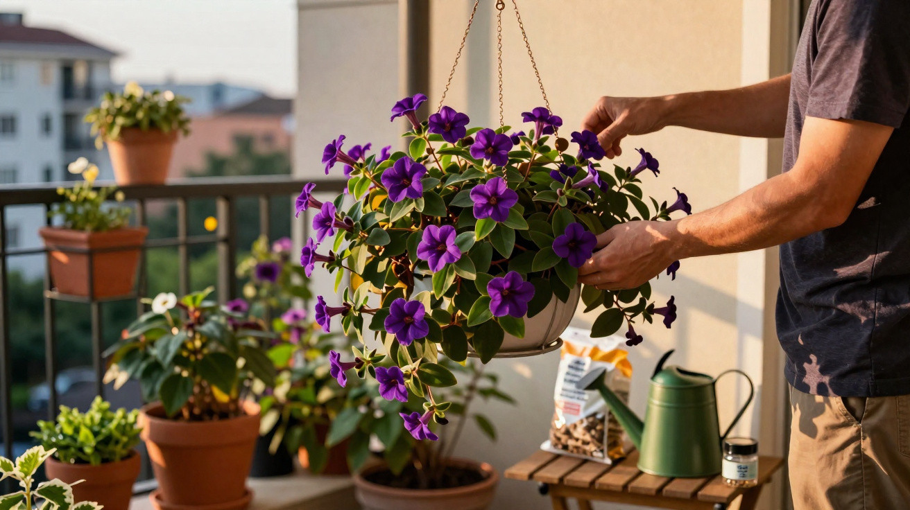 Pessoa a cuidar de planta com flores roxas pendurada numa varanda com mais vasos ao fundo.