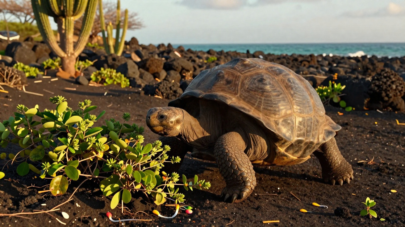 Tartaruga gigante a caminhar em solo vulcânico perto de plantas e cactos com o mar ao fundo.