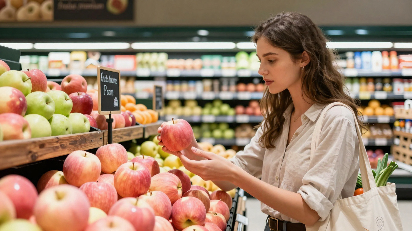 Mulher a escolher maçãs vermelhas numa prateleira de supermercado, segurando uma maçã na mão.
