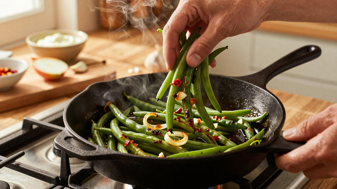 Mãos a cozinhar feijão verde com alho e especiarias numa frigideira preta ao lume numa cozinha.